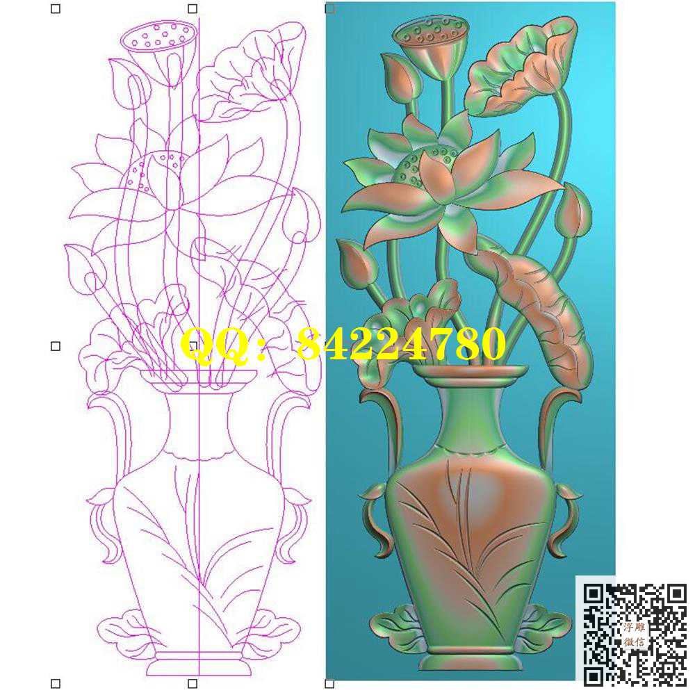 HPH-046荷花花瓶竖板带线精雕图灰度图