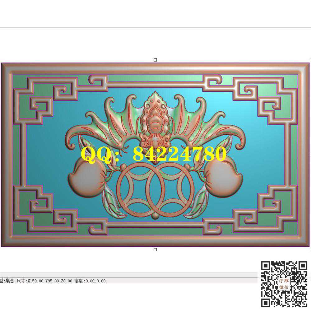 蝙蝠寿桃铜钱精雕图灰度图