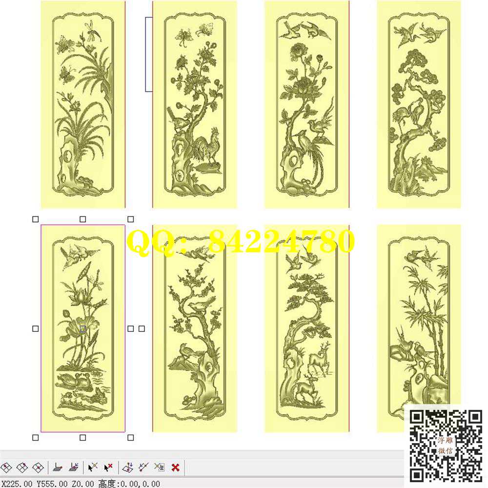8张花鸟竖板精雕图灰度图浮雕图
