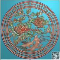 圆形回纹边框牡丹花挂屏牡丹花挂匾圆盘精雕图jdp灰度图bmp电脑雕刻浮雕图数控雕刻机图素材